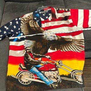Men’s Red, White & Blue Short Sleeve Shirt has Guy on a Motorcycle & An Eagle XL